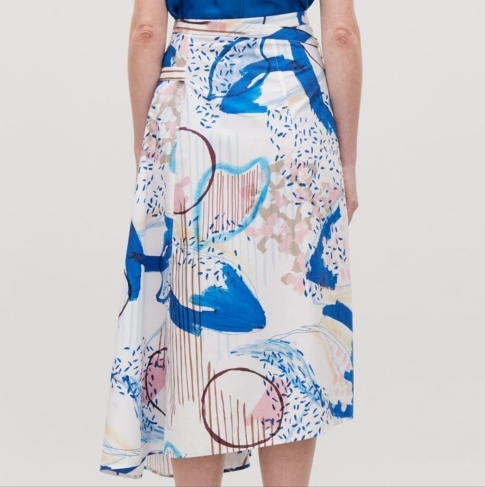 COS Abstract print asymmetrical midi skirt with belt and side pockets size 38
